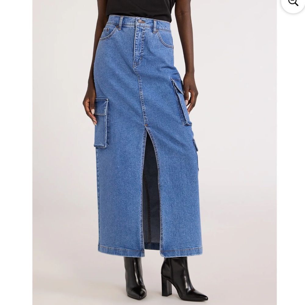 Scoop High-Waisted Denim Cargo Maxi Skirt with Front Slit | Size 2